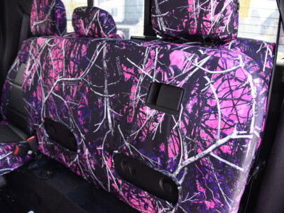 2014 Ford F-150 seat back cover with Black Perforated Sof-Touch inserts and Sirphis Muddy Girl camouflage trim