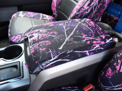 2014 Ford F-150 center console cover with Black Perforated Sof-Touch inserts and Sirphis Muddy Girl camouflage trim