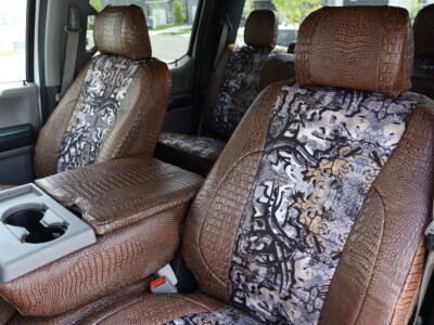 <b>
2019 Ford F-350
</b>
  <br>
         Insert: Goldberg Bone N Stone C74 (Canvas)
  </br>Trim: Java Croc E42 (Sim. Leather)
<br> Product: Camo - Gold Series </br> 2019 Ford F-350 Rear Seat Exotic Seat Covers Goldberg Bone N Stone insert with Java Croc trim Covers And Camo