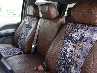 2019 Ford F-350 front seat covers in Goldberg Bone N Stone camouflage with Java Croc trim