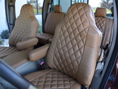 2005 Ford F-350 front leatherette seat covers in Caramel Sof-Touch Diamond and Caramel Sof-Touch trim