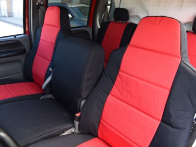 2006 Ford F-350 front heavy duty canvas seat covers in Red Dura EZ-Care and Black Dura EZ-Care trim