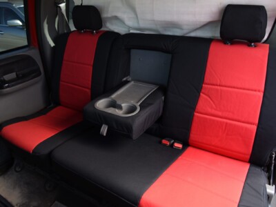 2006 Ford F-350 rear heavy duty canvas seat covers in Red Dura EZ-Care and Black Dura EZ-Care trim