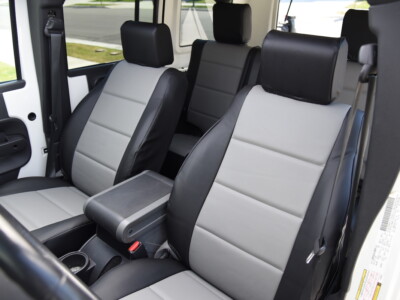 <b>
2010 Jeep Wrangler
</b>
  <br>
         Insert: Medium Gray Sof-Touch S14 (Sim. Leather)
  </br>Trim: Black Sof-Touch S01 (Sim. Leather)
<br>Product: Sim. Leather - Gold Series</br> Faux Leather Seat Covers