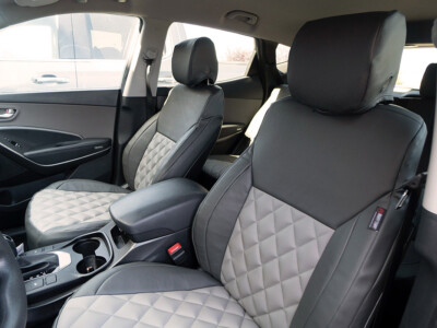 <b>
2018 Hyundai Santa Fe
</b>
<br>
Insert: Medium Gray Sof-Touch S14 w/Diamond Stitch (Sim. Leather)
</br>Trim: Charcoal Sof-Touch S26 (Sim. Leather)
<br>Product: Sim. Leather - Gold Series</br> | Covers and Camo