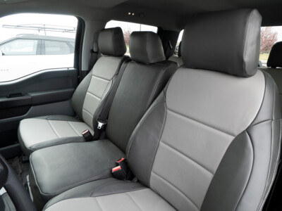 <b>
2021 Ford F-150 
</b>
  <br>
         Insert: Medium Gray Sof-Touch S14 (Sim. Leather)
  </br>Trim: Charcoal Sof-Touch S26 (Sim. Leather)
</br>Product: Sim. Leather - Gold Series leather seat covers for trucks