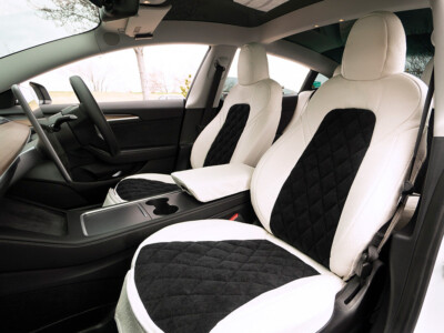 2021 Tesla Model 3 front Ostrich seat covers with Black Suede Diamond inserts and White Ostrich trim