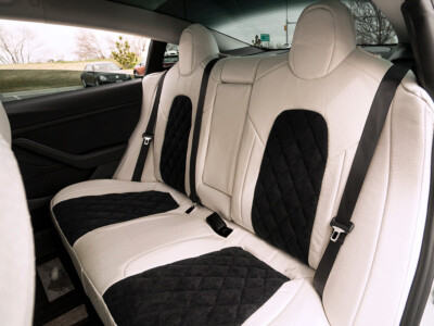 2021 Tesla Model 3 front Ostrich seat covers with Black Suede Diamond inserts and White Ostrich trim