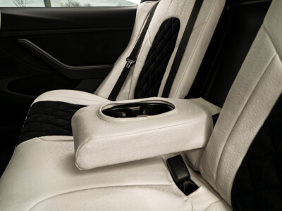 2021 Tesla Model 3 front Ostrich seat covers with Black Suede Diamond inserts and White Ostrich trim