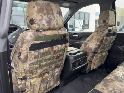 2023 Chevy Silverado 1500 Kryptek Highlander seat back with MOLLE storage panel and Black Sof-Touch Diamond inserts