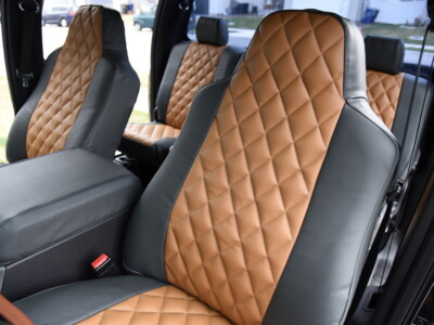 2008 Ford F-350 front leatherette seat covers in Caramel Sof-Touch diamond and Charcoal Sof-Touch trim