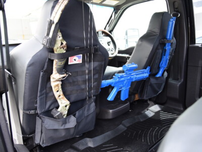 2008 Ford F-350 rear MOLLE seat back covers in Caramel Sof-Touch diamond and Charcoal Sof-Touch trim