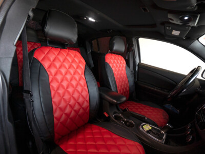 2011 Chrysler 200 Series front leatherette seat covers with Red Carbon Fiber diamond stitched inserts and Black Carbon Fiber trim