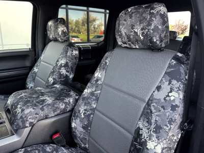 2018 Ford F-150 front seat covers with Medium Gray Ostrich inserts and TrueTimber Urban camouflage trim