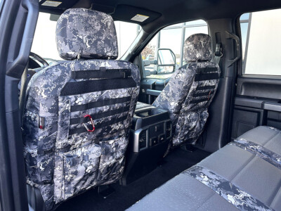 2018 Ford F-150 rear seat covers with Medium Gray Ostrich inserts and TrueTimber Urban camouflage trim