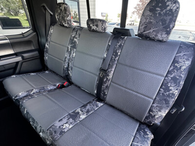 2018 Ford F-150 rear seat covers with Medium Gray Ostrich inserts and TrueTimber Urban camouflage trim