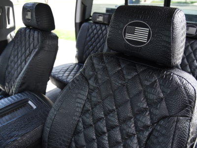 2018 GMC Sierra 3500 front Alligator seat covers with Midnight Croc Diamond inserts and Midnight Croc trim