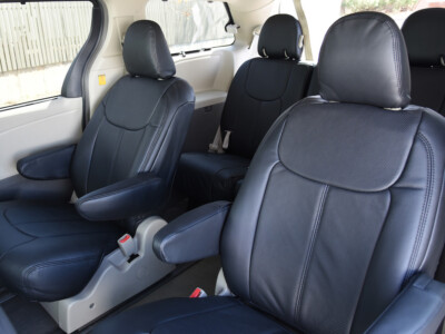 2012 Toyota Sienna front Genuine Leather seat covers with Black Perforated Leather inserts with Black Vinyl trim and Black Stitch