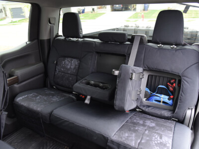 2021 Chevy Silverado 1500 rear Kryptek Typhon seat covers with Black Dura EZ-Care trim and storage pocket