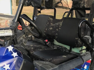 2019 Honda Pioneer front bench UTV seat covers with Black Ostrich inserts and MultiCam Black camouflage trim