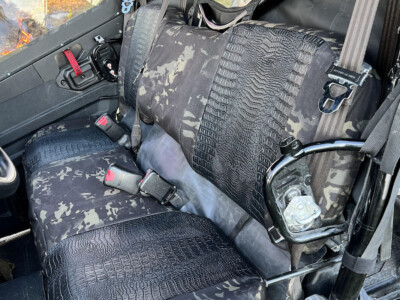 2020 Honda Pioneer front bench UTV seat covers with Midnight Croc inserts and MultiCam Black camouflage trim
