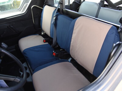 2021 Bobcat UV34 rear bench seat covers with Tan HD1000 canvas and Navy Dura EZ-Care fabric
