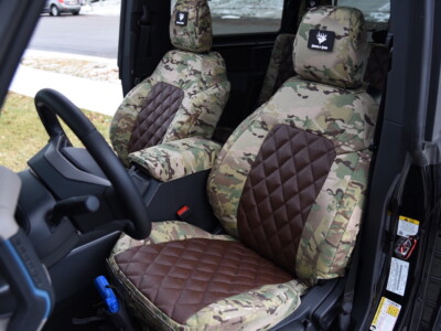 2023 Ford Bronco front seat covers in Brown Ostrich Diamond with MultiCam Original camouflage