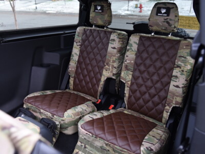 2023 Ford Bronco rear seat covers in Brown Ostrich Diamond with MultiCam Original camouflage