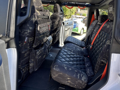 2023 Ford Bronco Raptor front seat covers in Black Ostrich Diamond with MultiCam Black camouflage