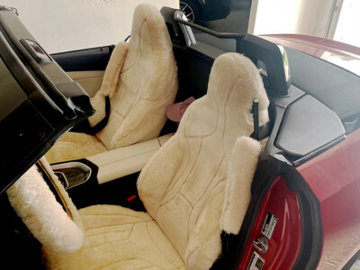 2025 BMW Z4 front Sand (Pearl) sheepskin seat covers with matching sheepskin steering wheel cover