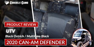 2020 Can-Am Defender UTV seat covers with Black Ostrich inserts and MultiCam Black trim
