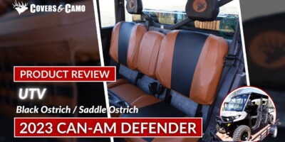 2023 Can-Am Defender UTV seat covers with Black Ostrich inserts and Saddle Ostrich trim