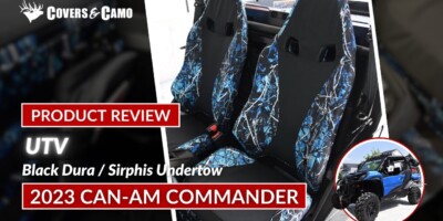 2023 Can-Am Commander front UTV Camo Seat Covers with Black Dura inserts and Sirphis Undertow camo trim