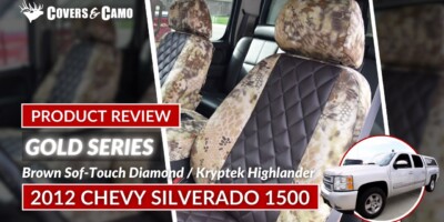 2012 Chevy Silverado 1500 front Kryptek seat covers with Brown Sof-Touch Diamond inserts and Kryptek Highlander trim