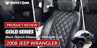 2008 Jeep Wrangler Alligator seat covers review video with Black Ostrich Diamond inserts and Midnight Croc trim