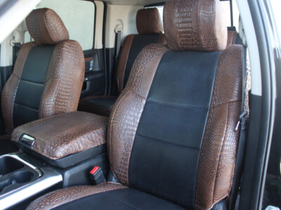 <b>
2015 RAM 3500
</b>
<br>
Insert: Black Perforated Sof-Touch L01 (Sim. Leather)
</br>Trim: Java Croc E42 (Sim. Leather)
<br>Product: Exotic - Gold Series</br> RAM 4500 Seat Covers