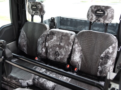 2024 Polaris Ranger 1500 front UTV seat covers with Ebony Croc simulated leather inserts and Kryptek Raid trim