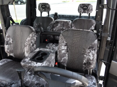 2024 Polaris Ranger 1500 front UTV seat covers with Ebony Croc simulated leather inserts and Kryptek Raid trim