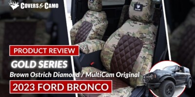 2023 Ford Bronco seat covers in Brown Ostrich Diamond and MultiCam Original camouflage