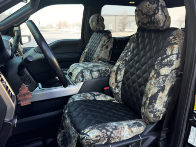 2018 Ford F-350 front seat covers in Kryptek Skyfall camouflage with black diamond Sof-Touch inserts