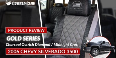 2006 Chevy Silverado 3500 front alligator seat covers with Charcoal Ostrich Diamond inserts and Midnight Croc trim