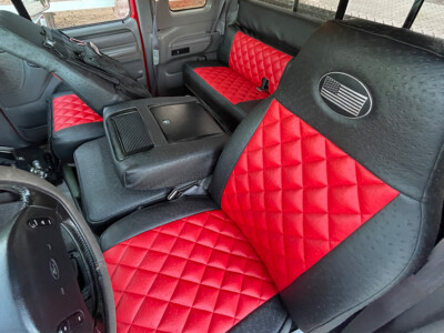 1996 Ford F-250 red ostrich diamond leatherette seat covers with black ostrich trim front seats