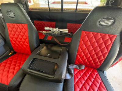 1996 Ford F-250 custom red ostrich diamond leatherette seat covers with black ostrich panels