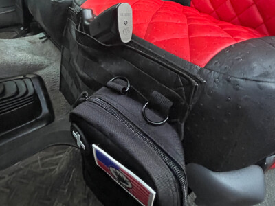 1996 Ford F-250 rear seat red ostrich leatherette seat covers with storage accessory
