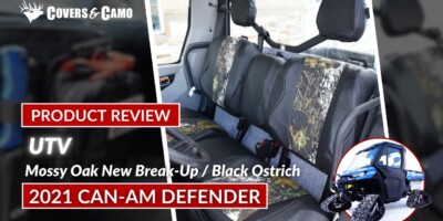 2021 Can-Am Defender Large Bolster seat covers in Mossy Oak New Break-Up camouflage with Black Ostrich trim