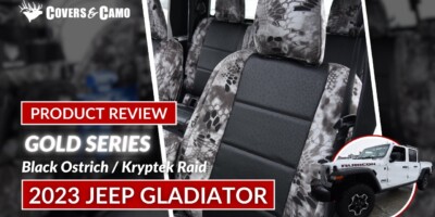 2023 Jeep Gladiator Kryptek seat covers review video with Black Ostrich inserts and Kryptek Raid camouflage trim