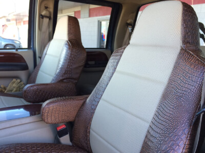 2010 Ford F250 front Exotic seat covers with Sandstone Perf. Sof-Touch inserts and Java Croc trim