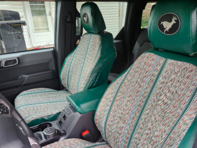 2024 Ford Bronco passenger-side Green Saddle Blanket seat covers with custom-fit front seats