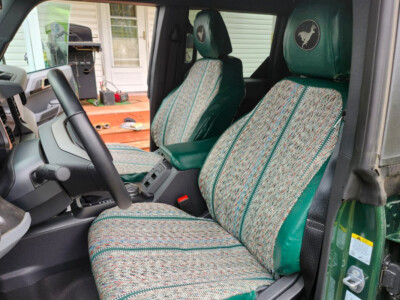 2024 Ford Bronco front Saddle Blanket seat covers in Green Saddle Blanket with embroidered headrest logos