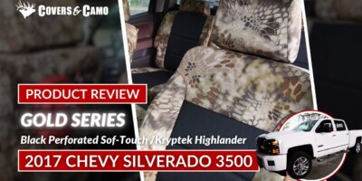 2017 Chevy Silverado 3500 front Kryptek seat covers with Black Perforated Sof-Touch inserts and Kryptek Highlander trim